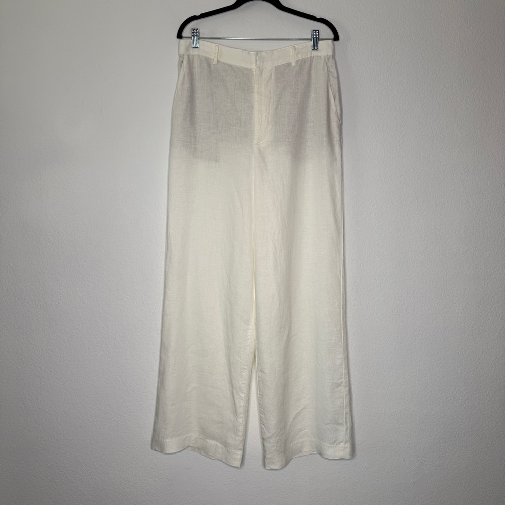 Enza Costa White French Linen Pants Wide Leg Zipper Fly Pockets Size L